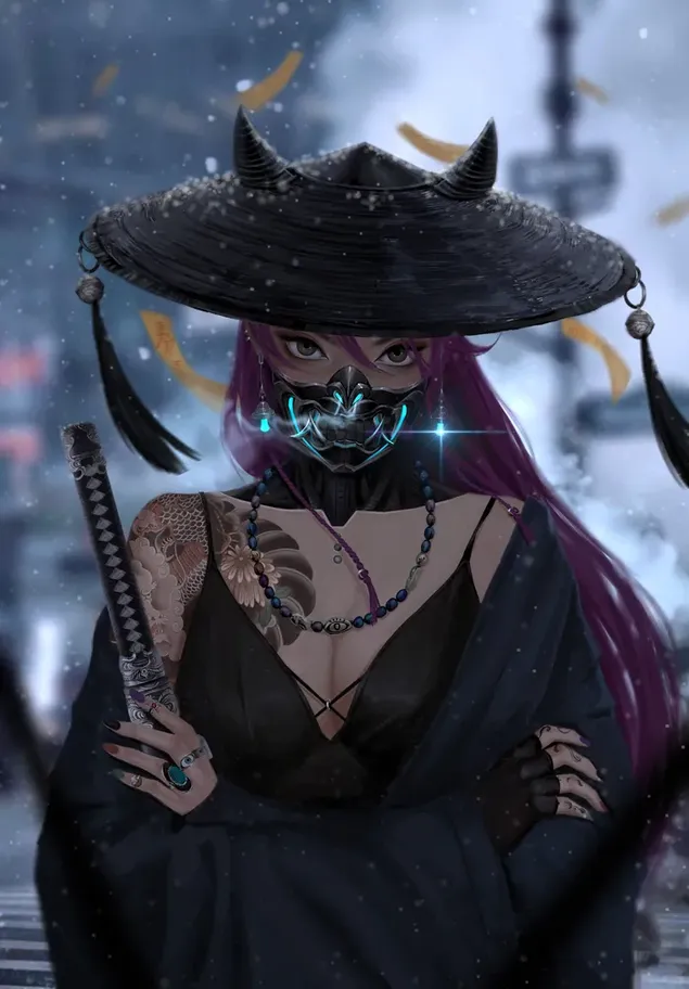 Samurai Girl With Oni Mask HD wallpaper download