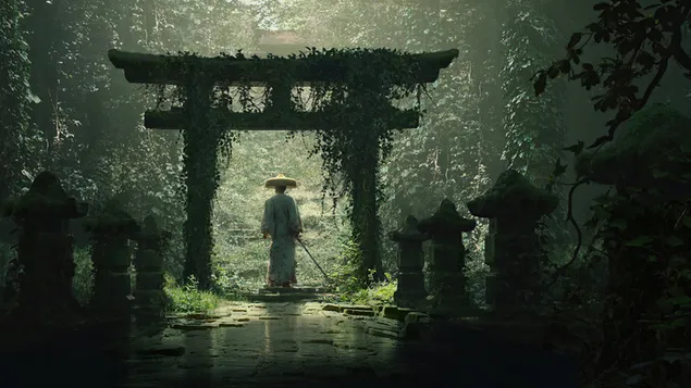 鳥居前の侍 4K 壁紙