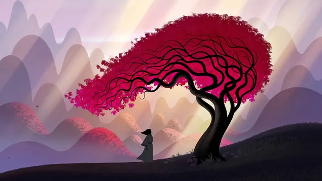 Anime-Charakter Samurai Jack unter dem Herbstbaum 2K Hintergrundbild
