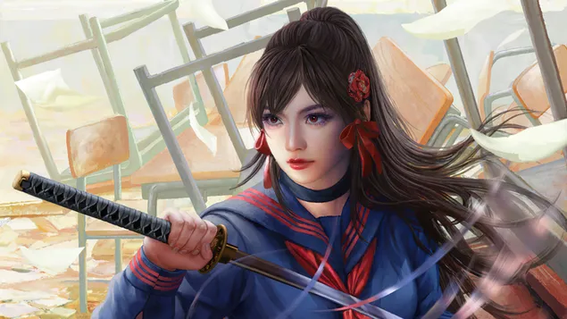 menina da escola samurai 4K papel de parede