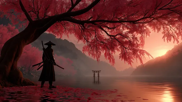 muat turun pahlawan samurai memandang horizon di bawah pokok mekar