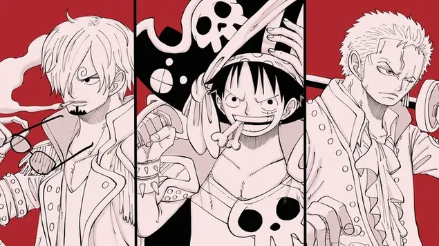 Zusammenarbeit von Sanji, Ruffy und Zoro aus One Piece Film: Red 4K Hintergrundbild