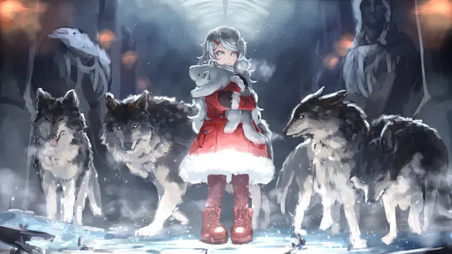Santa Anime Dziewczyna Wilk Art 4K tapeta