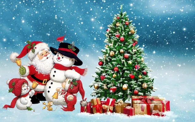 De kerstman viert kerst met een sneeuwpop download