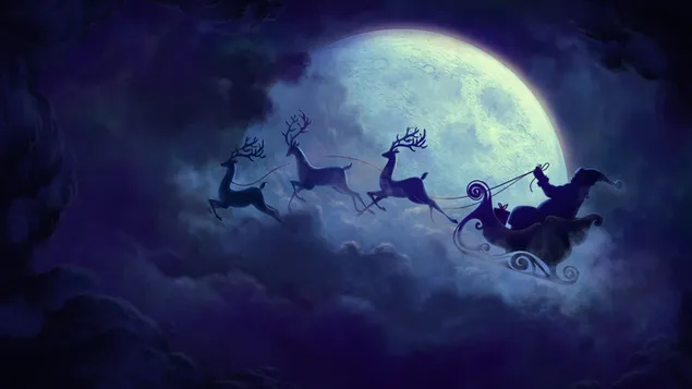 Hình nền Ông già Noel đi chơi trên đường với con nai của mình trong thời tiết sương mù và ngắm trăng cho năm mới 4K