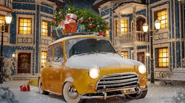 De kerstman komt in de auto met veel kerstcadeaus