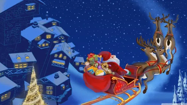 Kerstman die cadeautjes uitdeelt met daar regenherten
