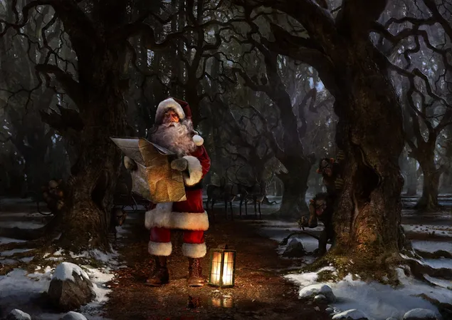 Der Weihnachtsmann sucht im Wald nach einem Weg