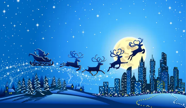 Santa reindeer carrying gift for new year flying in night blue sky with stars and full moon landscape