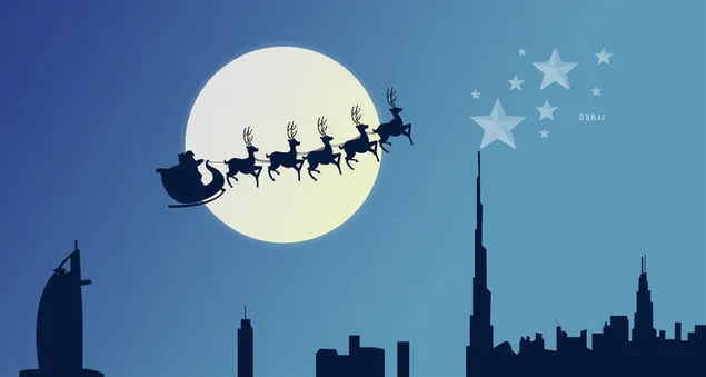 Santa sleighing past the moon 8K wallpaper