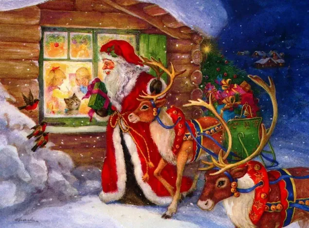 Der Weihnachtsmann beobachtet Kinder vom Fenster aus