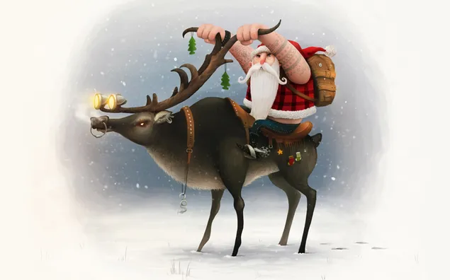 サンタが鹿と一緒にプレゼントを届ける