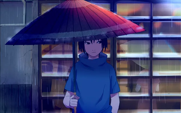 Sasuke mirando a Sakura a través de la ventana bajo la lluvia.