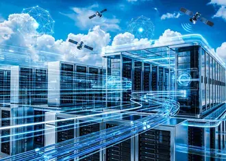 pozadi datoveho centra cloudoveho pripojeni propojeneho se satelity se zaricimi datovymi proudy stahnout
