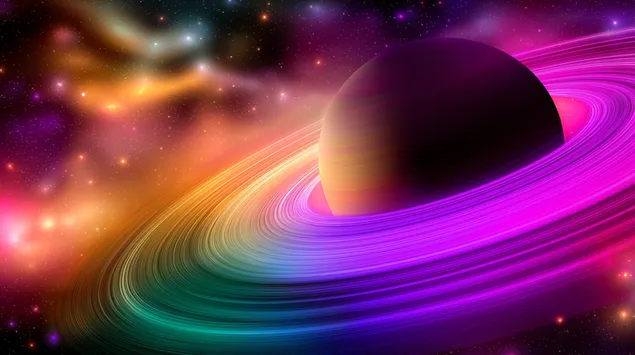 saturnus met verblindende reenboogringe en nebula-agtergrond aflaai