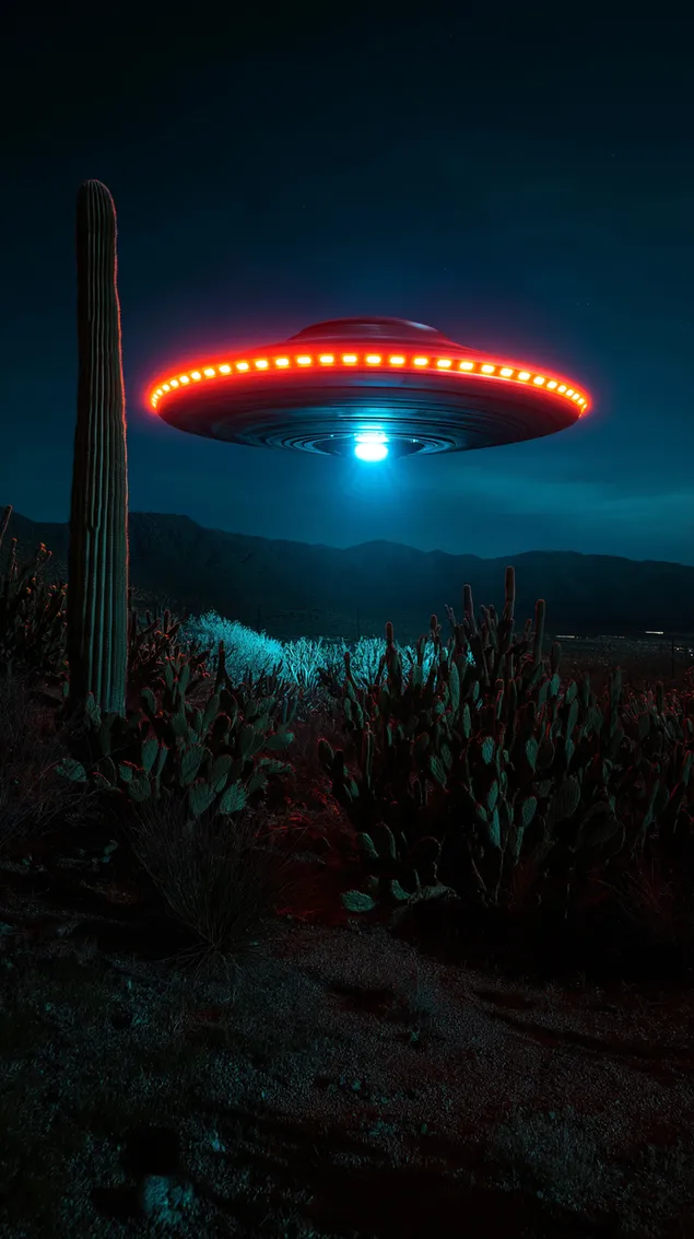 צלחת מרחפת מעל מדבר עם טבעת אור בהירה בלילה HD טפט