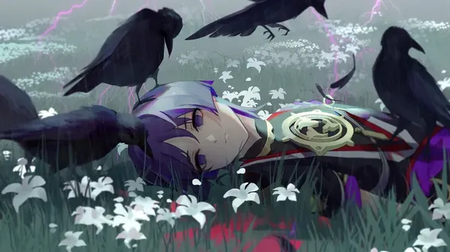 'Scaramouche' lying on grass - Genshin Impact [Anime Video Game] 4K wallpaper