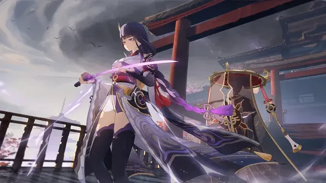 Scaramouche met Raiden Shogun | Genshin Impact (anime-videogame) 4K achtergrond
