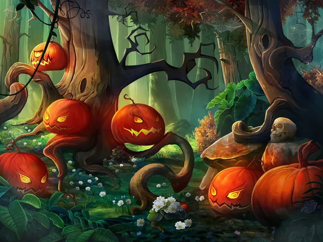 Scary pumpkins in the forest