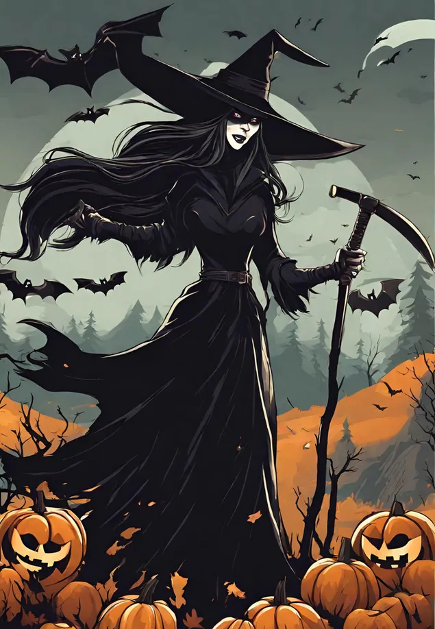 Gruselige Hexe mitten im Wald mit Fledermäusen und gruseligen Kürbissen 2K Hintergrundbild