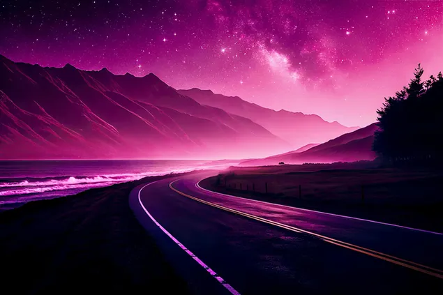 Canlı Galaktik Gece Gökyüzünün Altında Manzaralı Sahil Otoyolu 4K duvar kağıdı