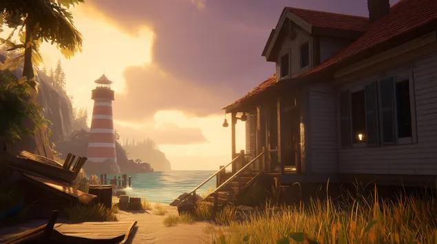 Páipéar balla Teach Solais agus Teach Cósta Radharcach ag Luí na Gréine ag Uair Órga2K