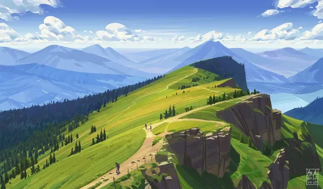 Vista panorámica de altas montañas y colinas con árboles en tiempo nublado HD fondo de pantalla