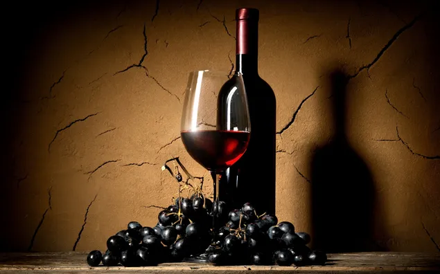 Schaduwen van wijn en zwarte druiven in hoge flessen weerspiegeld op een aarden muur