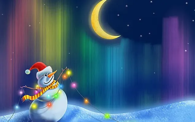 Schneemann hält buntes Licht in der Weihnachtsnacht