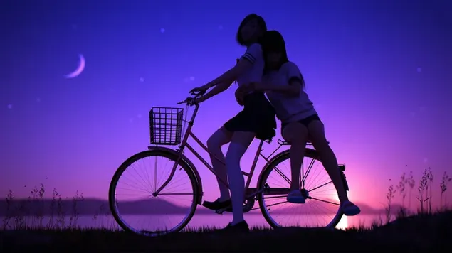 School girls riding bike sunset 8K wallpaper