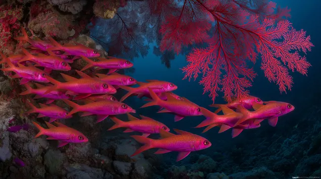Fusiljė žuvų būrys ryškioje koralinio rifo struktūroje 2K ekrano užsklanda