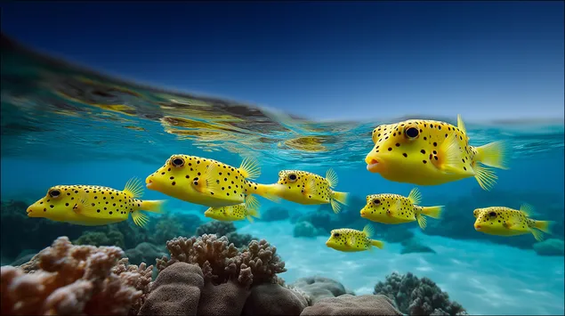 school of spotted pufferfish in an underwater coral scene download