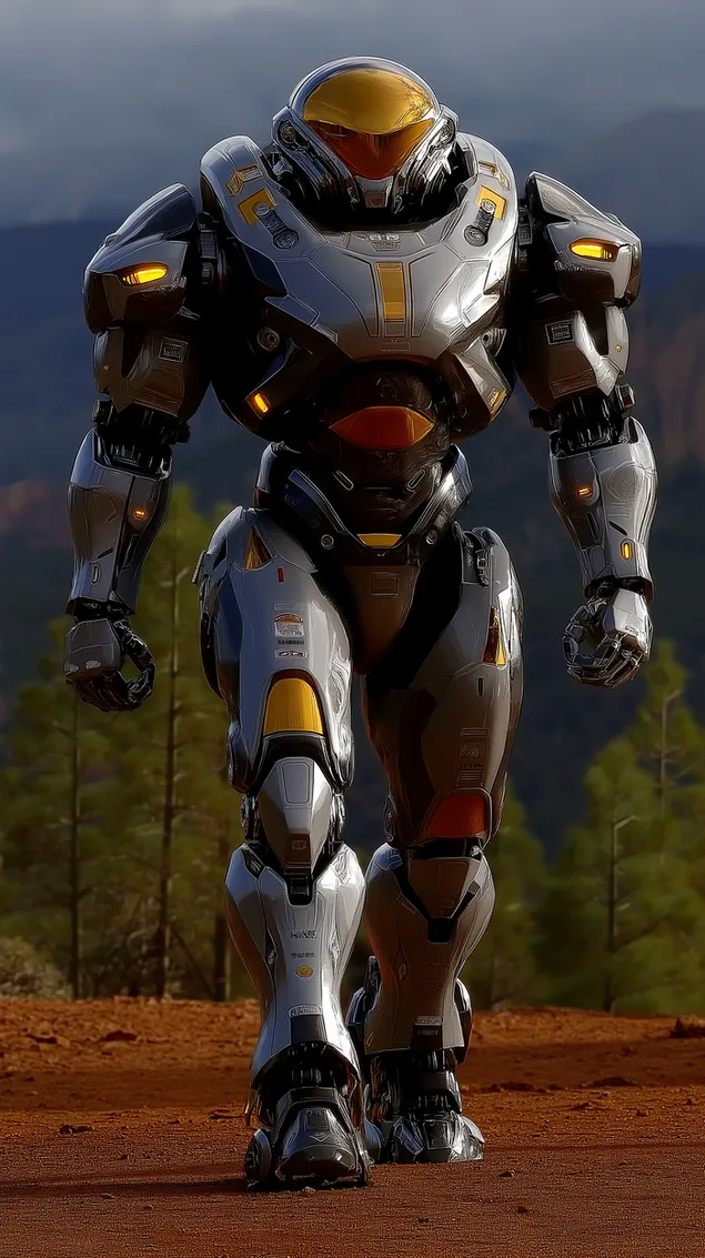 muat turun askar exosuit sci-fi berjalan di kawasan luar pergunungan