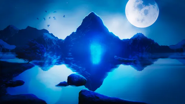 Sci-fi Glowing blue Tank & Mountains Night