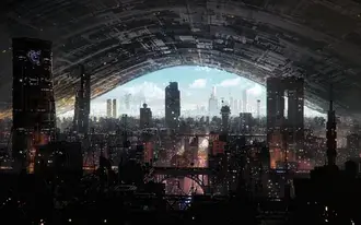 컴퓨터 정글에 그려진 붐비는 도시와 고층 건물의 공상 과학 이미지 4K 배경화면