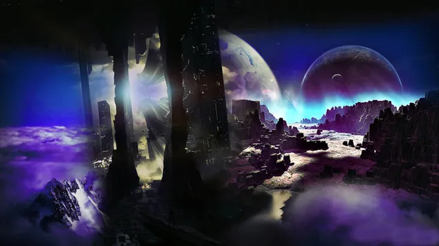 Sci-fi landscape purple 2K wallpaper
