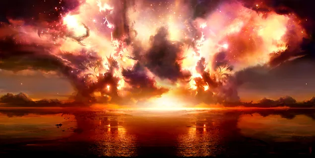 Sci-fi landschap met silhouetberg en explosie weerspiegeld in meer 2K achtergrond