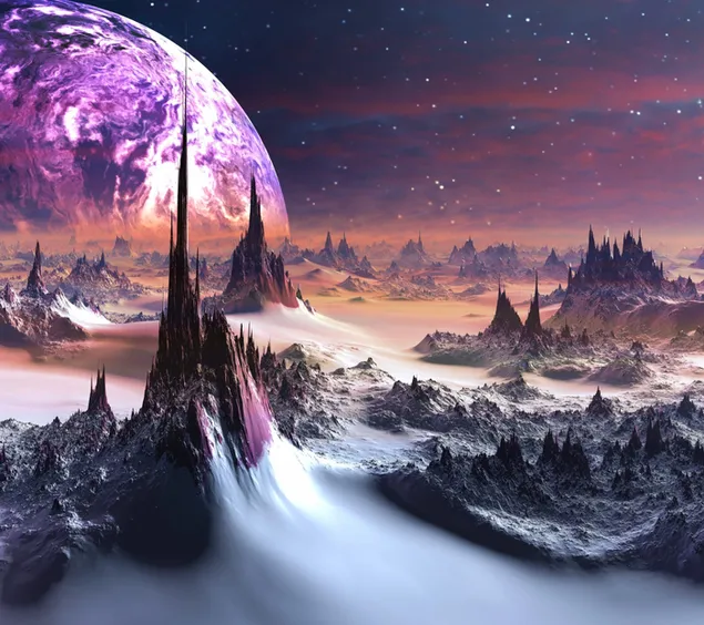Science-Fiction-Landschaft mit schneebedeckten Felsen und der Welt herunterladen