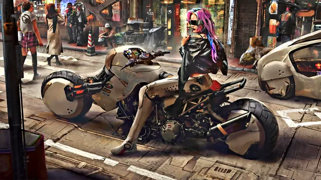Sci-Fi robot girl riding a motorcycle at the city