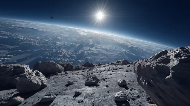 異星の惑星上空の小惑星を航行するSF宇宙船 2K 壁紙