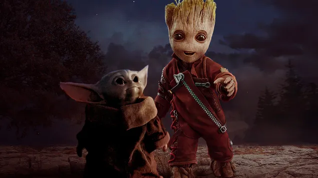 Science-Fiction-Filmfiguren Baby Yoda und Baby Groot gehen zusammen herunterladen