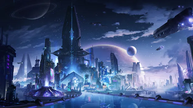 Hình nền Nghệ thuật đêm thành phố khoa học viễn tưởng 4K