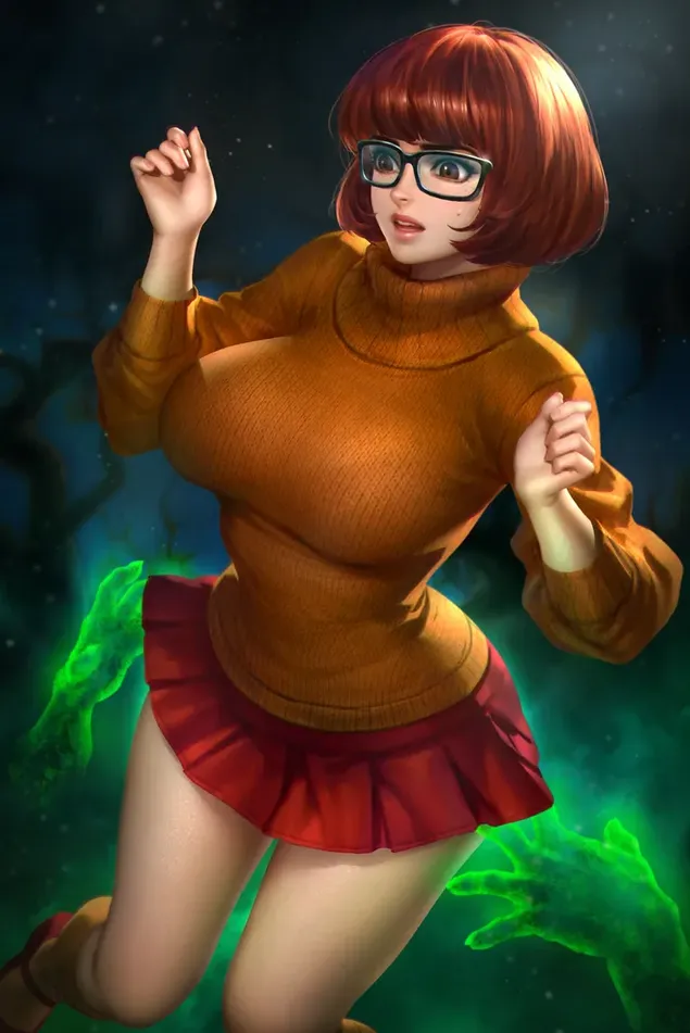 Karakter kartun Scooby-Doo Velma Dinkley tampak hebat di depan latar belakang hijau menakutkan