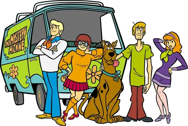 Tapeta Scooby-doo kreslené postavičky pes Scooby-Doo, velma dinkley, shaggy, daphne blake, fred jones pózující před autem 2K