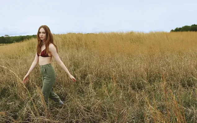 shotlandskaya aktrisa karen gillan v pole v seksual'nom bordovom tope i zelenykh dzhinsakh. skachat'