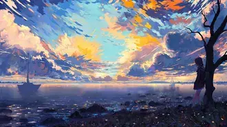 pemandangan anime laut, perahu, dan langit unduhan