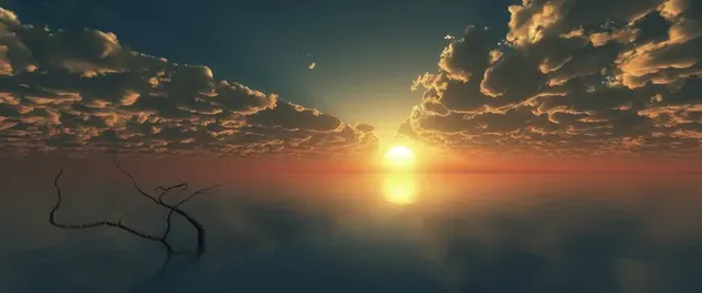 Agua de mar que refleja la puesta de sol entre las nubes agrupadas y la rama de un árbol seco en el agua