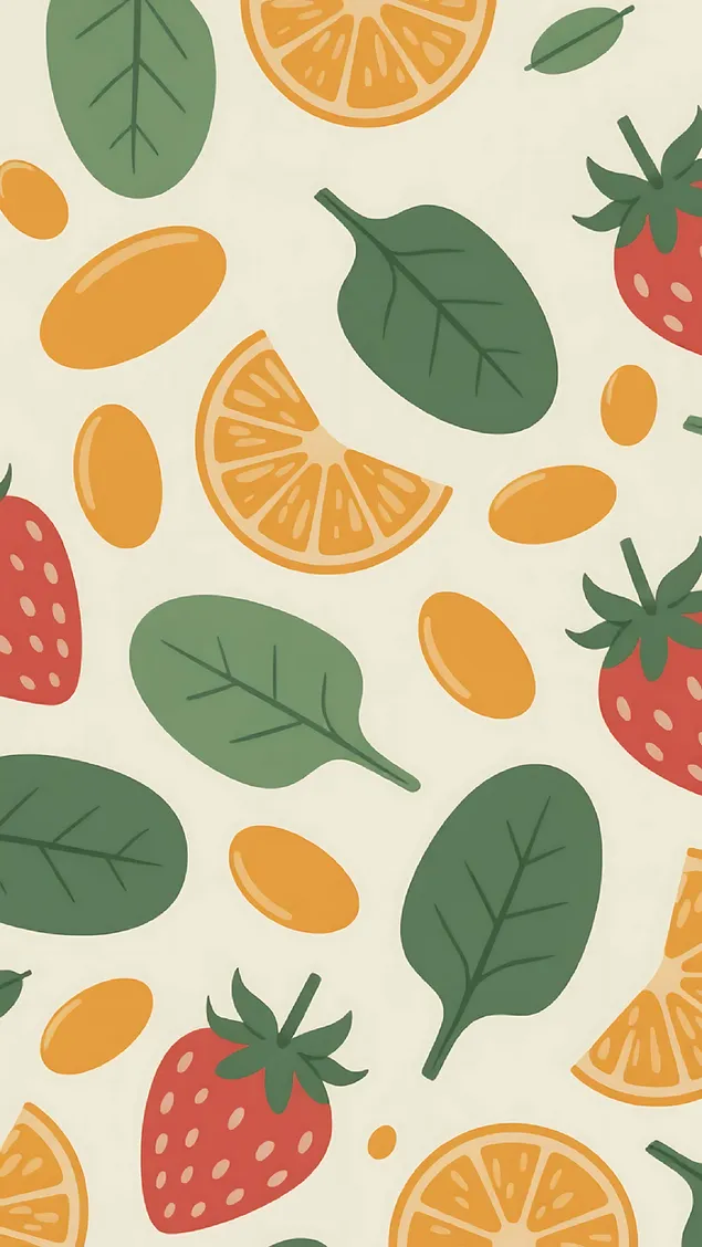 Bešavni uzorak tropskog voća i lišća s jagodama, narančama i zelenilom u stilu ravnih vektora 8K pozadina