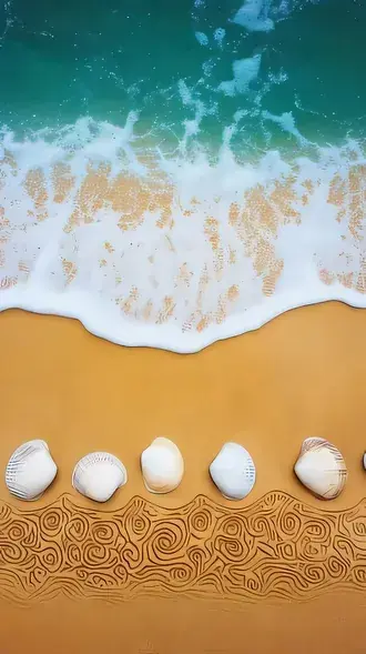 Seashells and Waves on a Golden Beach Shore 2K wallpaper