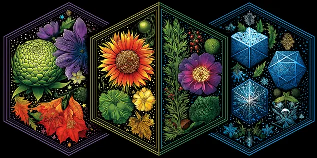 Seasonal Botanical Pattern in Hexagonal Forms 2K wallpaper